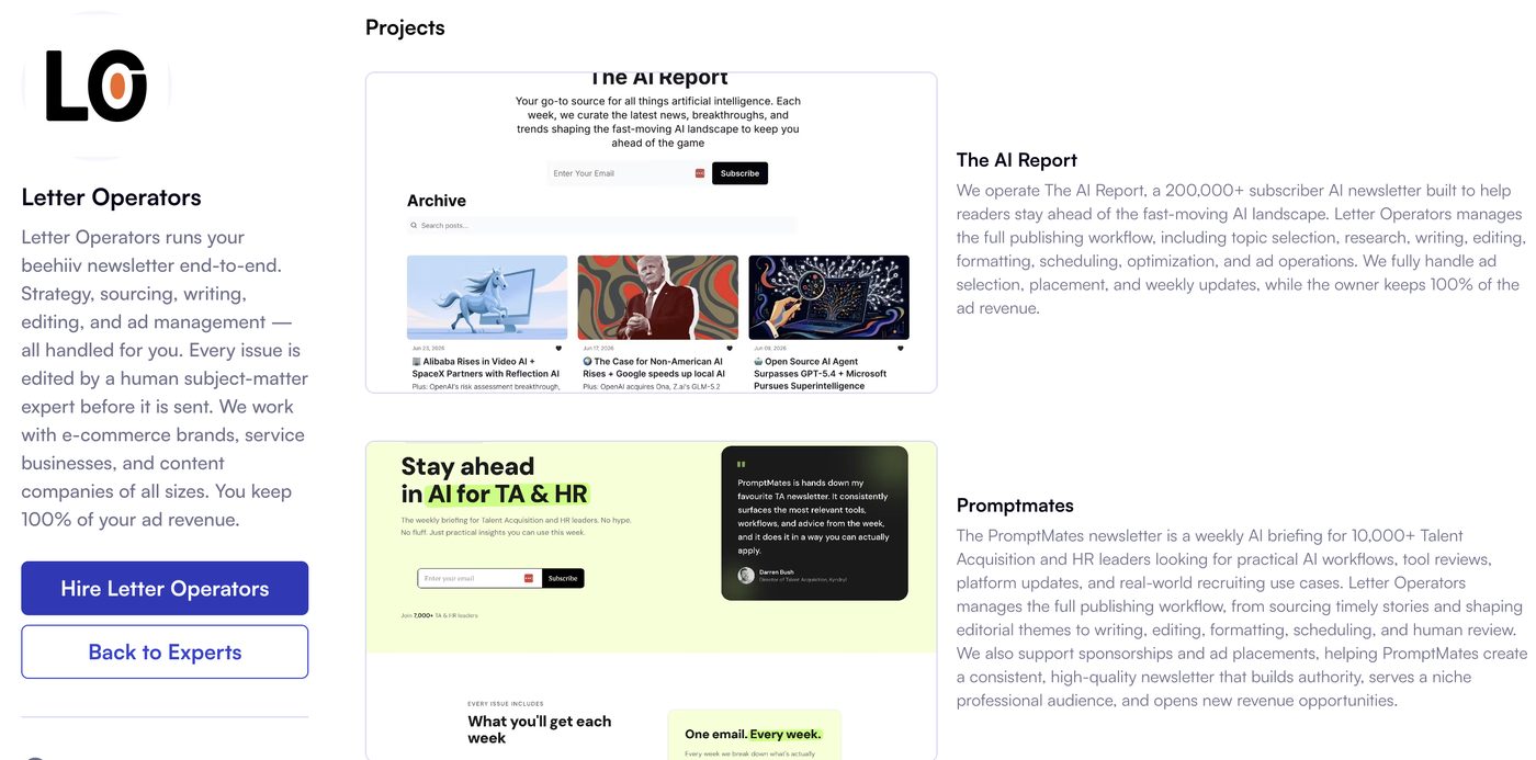 Letter Operators' beehiiv Featured Partner profile page